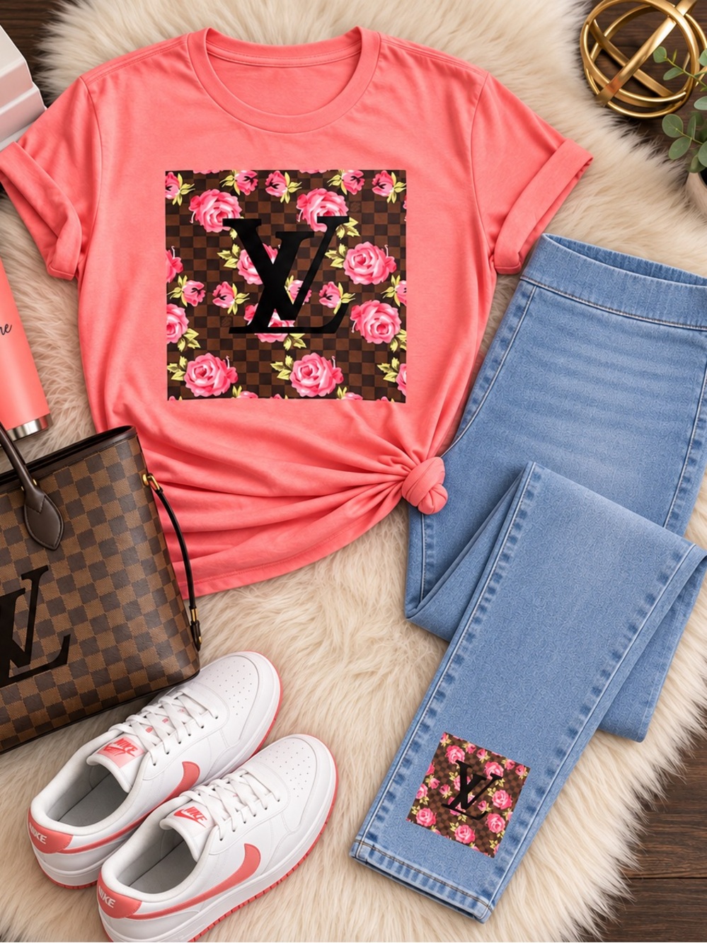 Pink  Floral Logo Graphic Tee with Matching Jeggings - Women